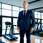 A professional fitness manager, adult male, dressed in a smart casual business suit over an athletic top, standing confidently in a futuristic, well-lit fitness center. He is looking out over a vibrant gym floor with subtle digital displays showing performance metrics and strategic data. The background features modern gym equipment and diverse individuals exercising in the distance. The overall atmosphere is innovative and forward-thinking, emphasizing strategic leadership in a dynamic industry. High-quality professional photography, natural pose, perfect anatomy, correct proportions, well-formed hands, proper finger count, natural body proportions, safe for work, appropriate content, fully clothed, professional dress, modest clothing, family-friendly.