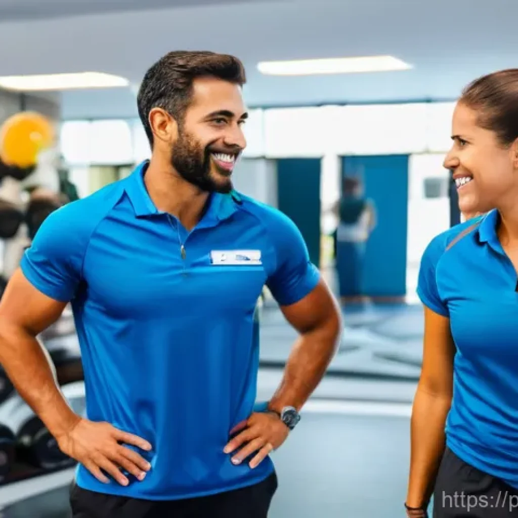 피트니스 경영사 실기 평가 항목 정리 - A dynamic and diverse team of fitness professionals (trainers, receptionists, cleaning staff) in a m...
