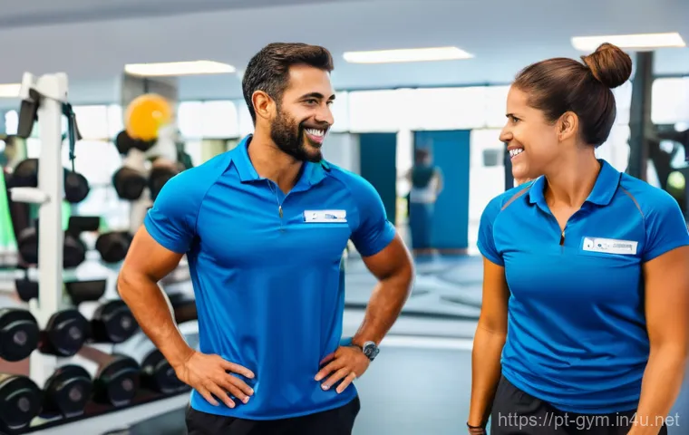 피트니스 경영사 실기 평가 항목 정리 - A dynamic and diverse team of fitness professionals (trainers, receptionists, cleaning staff) in a m...