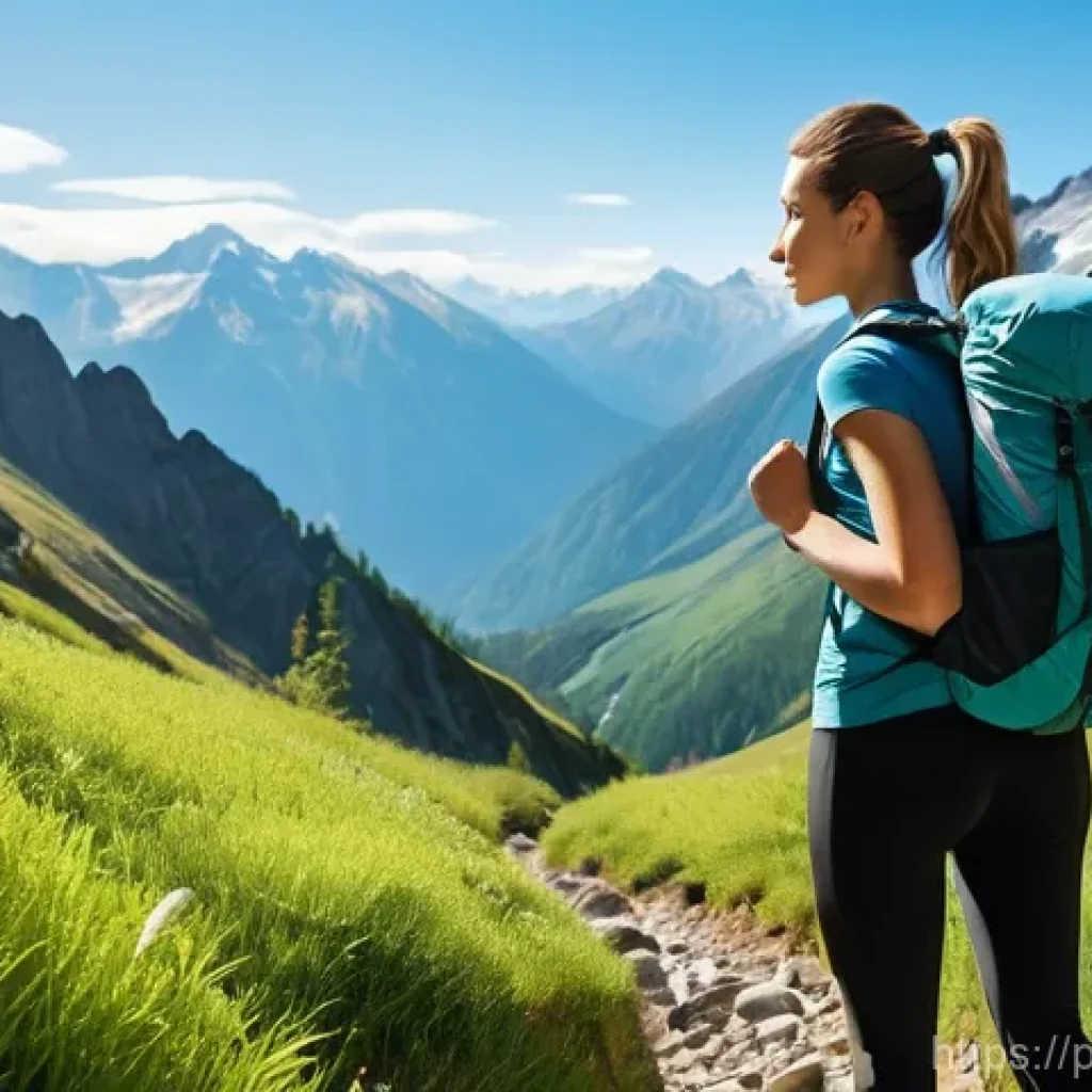 피트니스 경영사와 운동 프로그램 기획 - A vibrant, detailed image of a young woman (early 20s) confidently hiking on a scenic mountain trail...