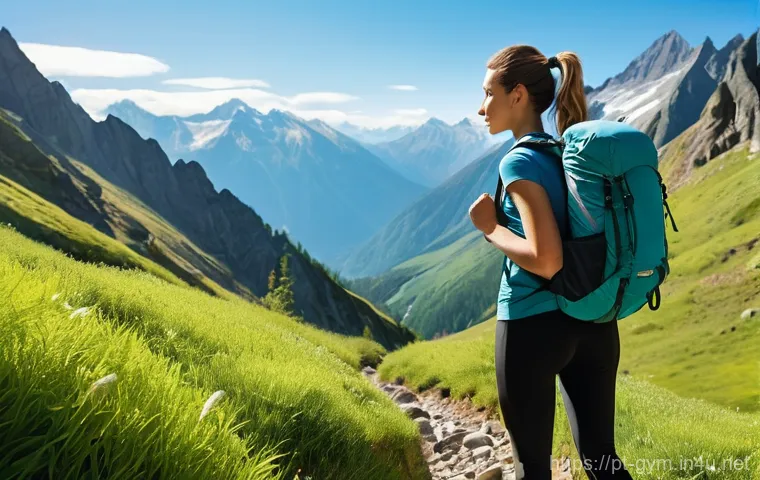 피트니스 경영사와 운동 프로그램 기획 - A vibrant, detailed image of a young woman (early 20s) confidently hiking on a scenic mountain trail...
