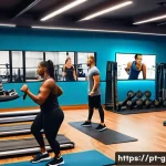 Home 22 피트니스 경영사로서 고객 유지율 높이는 법 - A vibrant gym scene showing a diverse group of people engaged in various personalized workout routin...