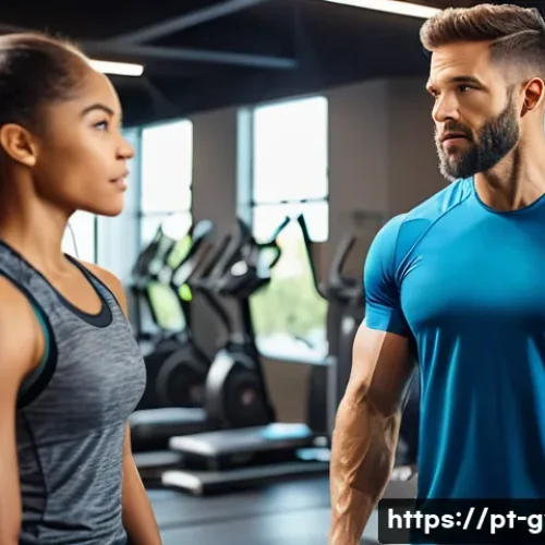 Home 33 피트니스 경영사로서 클라이언트 관리법 - A professional fitness coach attentively listening to a diverse client in a modern gym setting, both...