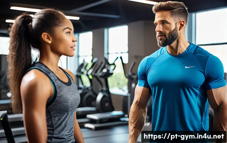 피트니스 경영사로서 클라이언트 관리법 - A professional fitness coach attentively listening to a diverse client in a modern gym setting, both...