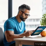 Home 20 피트니스 경영사로서 직무 스트레스 관리 - A professional fitness coach organizing a digital calendar on a sleek tablet in a modern home office...