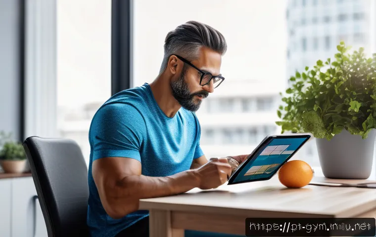 피트니스 경영사로서 직무 스트레스 관리 - A professional fitness coach organizing a digital calendar on a sleek tablet in a modern home office...