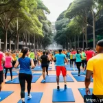 Home 18 피트니스 경영사로서 성공적인 이벤트 기획 - A vibrant outdoor high-impact fitness event in a modern urban park in São Paulo, Brazil, featuring a...