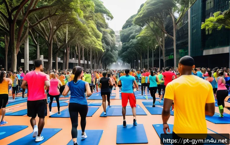 피트니스 경영사로서 성공적인 이벤트 기획 - A vibrant outdoor high-impact fitness event in a modern urban park in São Paulo, Brazil, featuring a...