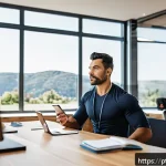 Home 23 피트니스 경영사 이직 후 첫 업무 적응기 - A modern fitness manager in a bright, well-equipped gym office, sitting at a desk with multiple digi...