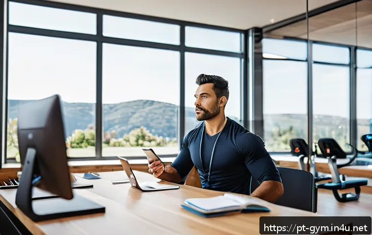 피트니스 경영사 이직 후 첫 업무 적응기 - A modern fitness manager in a bright, well-equipped gym office, sitting at a desk with multiple digi...