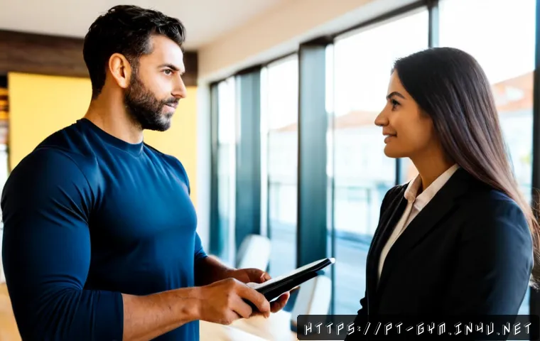 Home 17 피트니스 경영사 취업 시장 동향 - Photorealistic fitness management job interview in a modern Lisbon health club, confident Portuguese...