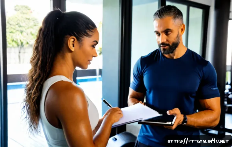 피트니스 경영사로 시작하는 피트니스 사업 - Photorealistic fitness business manager reviewing a gym startup plan with two trainers at a clean mo...